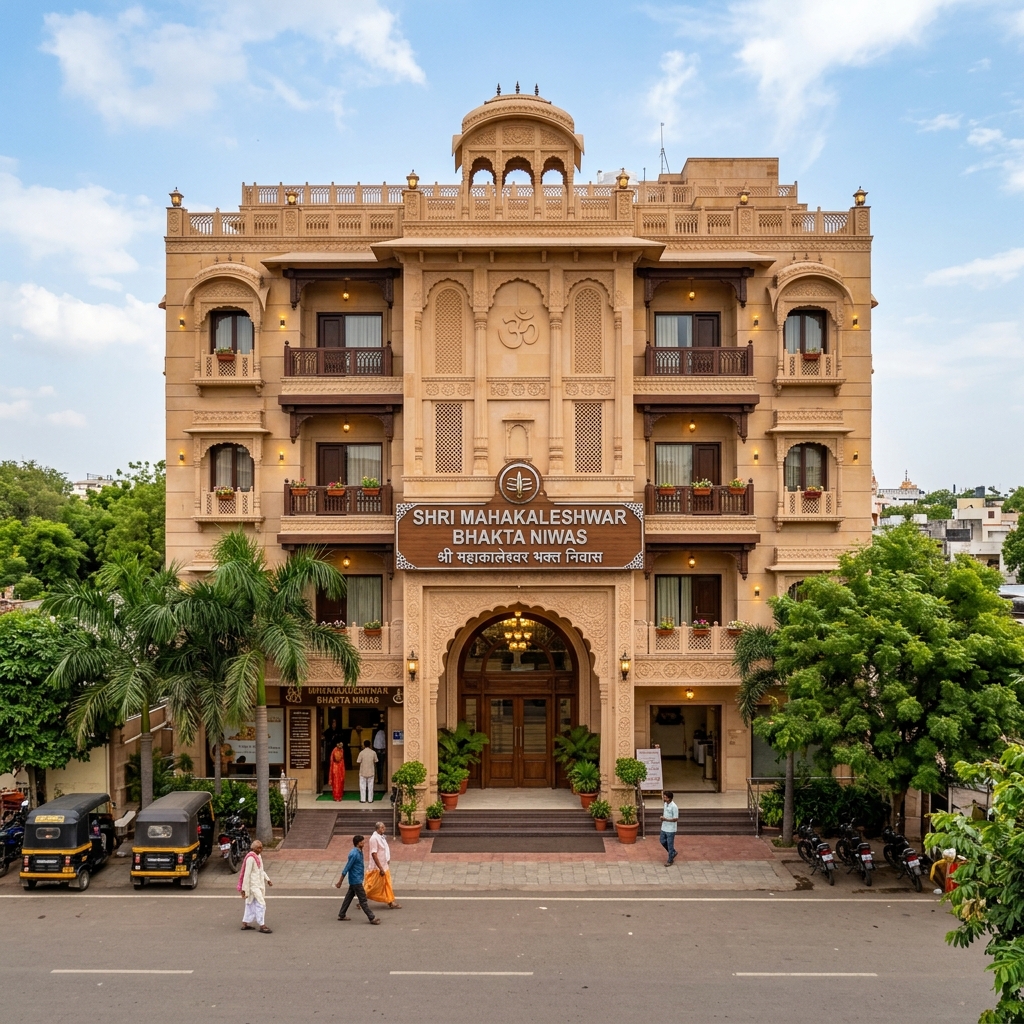 Front view of Shri Mahakaleshwar Bhakta Niwas building in Ujjain